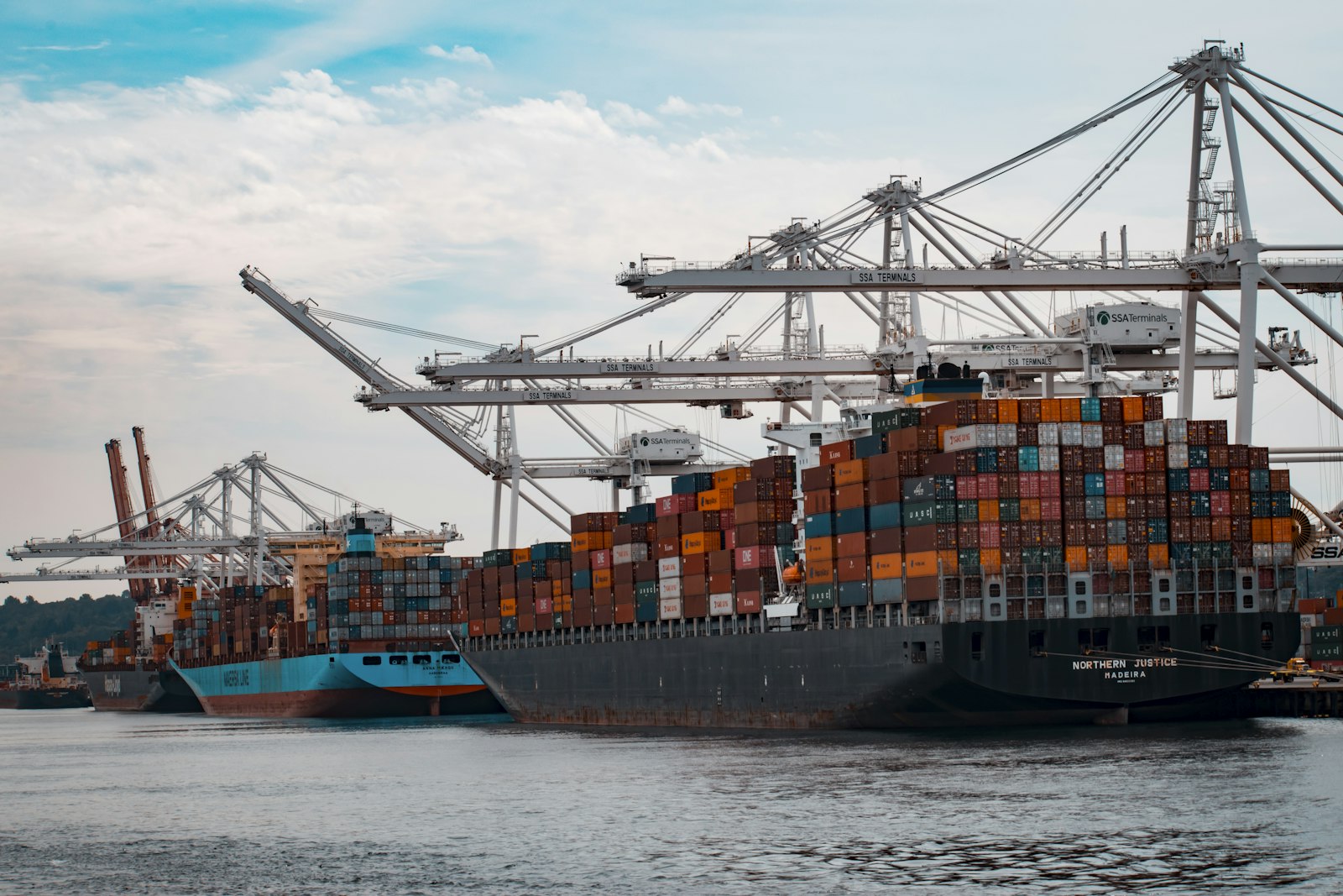 Cargo ships docked at a container port