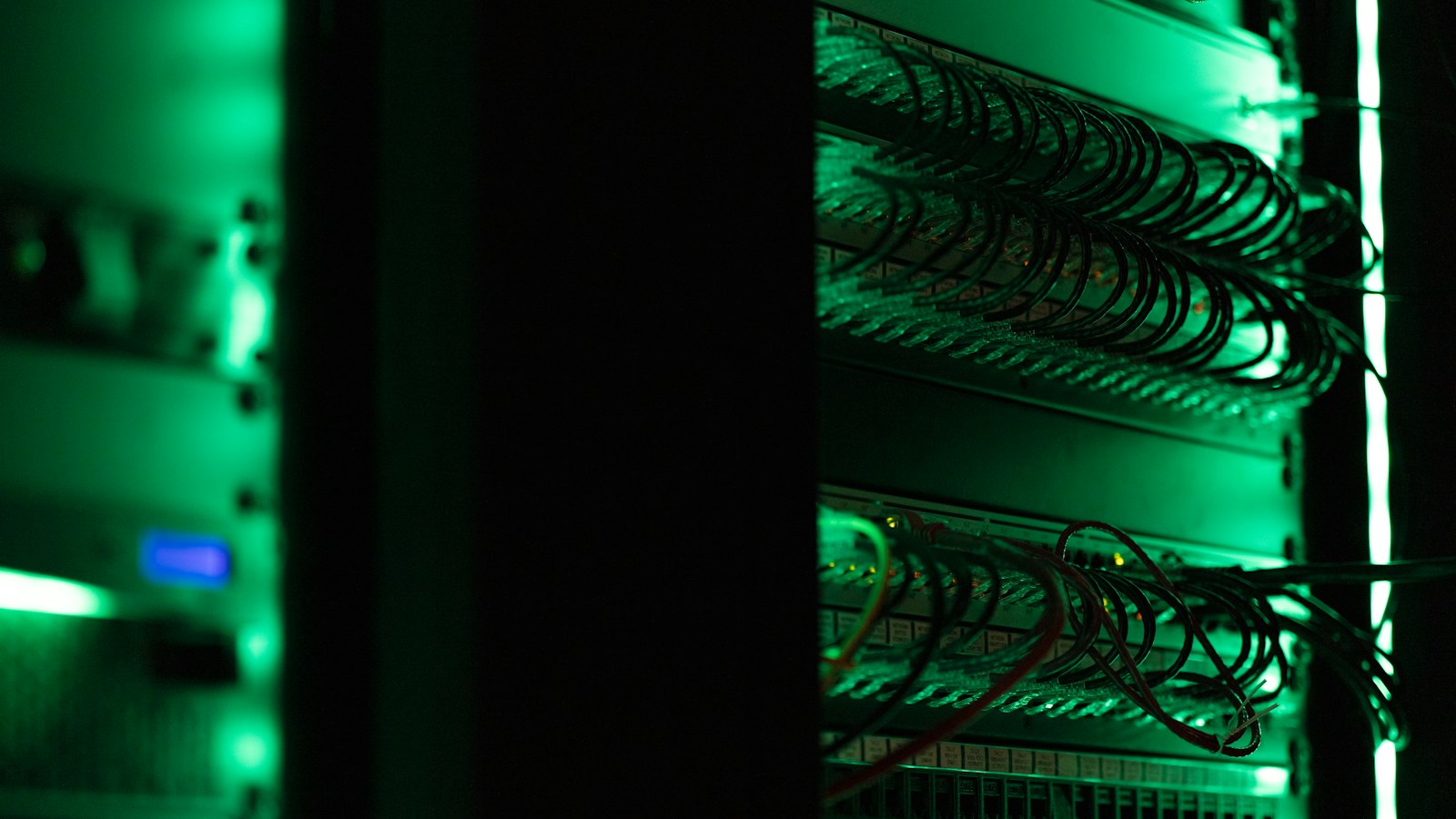 Server rack in a dark data centre